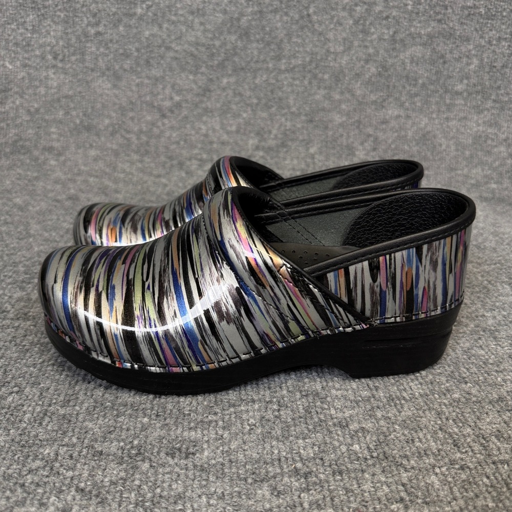 Dansko Clogs Sz 38 7.5 Stripe Leather Shoes Slip On Reinforced Toe Nurse Shoe